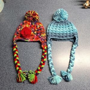 Handmade Crocheted "Snow Hat Day" Set With Braided Ties(2), NWOT❄️